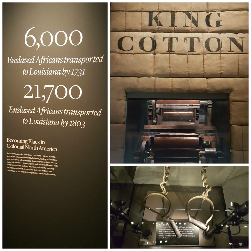 (Clockwise from top right) Collage of cotton gin, slave shackles and facts about slavery.
